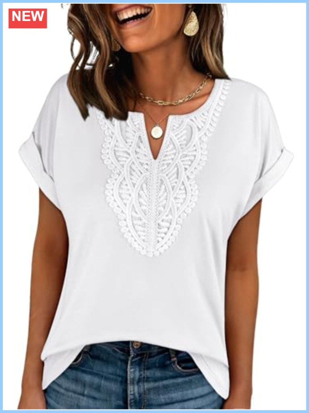 ANRABESS Womens Short Sleeve V Neck Lace Tunic Top Boho Loose Fit Blouse